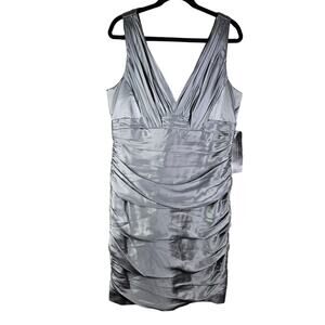 NEW Carmen Marc Valvo 16 Silver Silk Ruched Formal Dress Bridal Mother of Bride